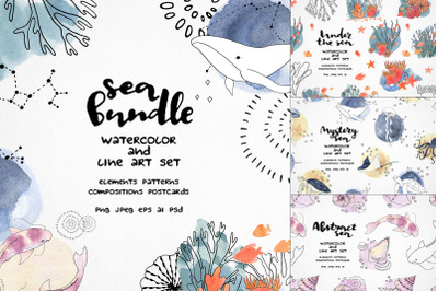 watercolor sea life bundle, ocean creatures clipart, seascape image