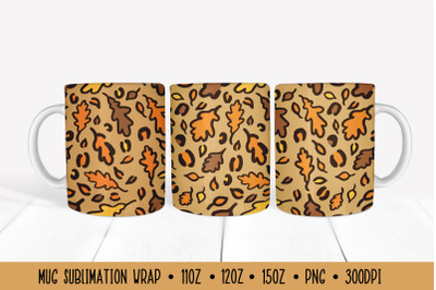 Colorful Oak Leaves Mug Sublimation. Fall Leopard Mug Wrap