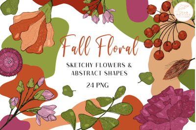 Fall Flowers and Abstract Shapes Clipart. Trendy Autumn Floral PNG