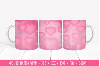 Soft Pink Hearts Mug Sublimation Design. Romantic Mug Wrap