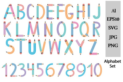 Alphabet, letters and numbers from svg pencils, clipart