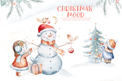 Cartoon kids christmas watercolor clipart set New Year PNG