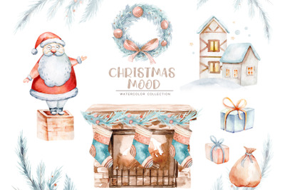 Cartoon christmas watercolor clipart set. Santa, new year tree, pines, gifts, fireplace elements PNG