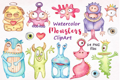 Watercolor Monsters ClipArt, Cute Monster Birthday Party