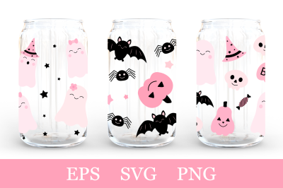 Cute Halloween Can Glass. Pink Ghost Can Glass. Pink Pumpkin