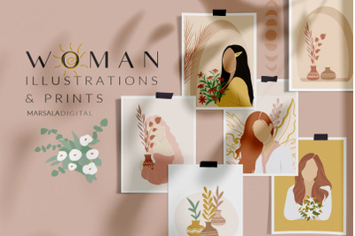 Abstract Women Illustrations with Flowers