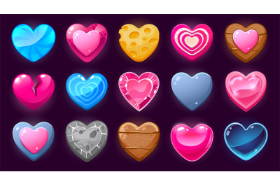 Cartoon hearts asset. Life level 2D game user interface icons, glossy