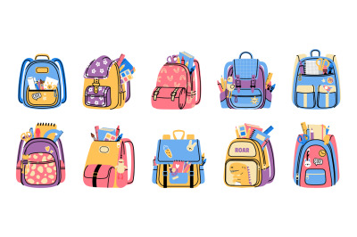 Bags with school supplies. Cartoon elementary school accessories in co