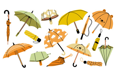 Autumn umbrella. Cartoon raincoats parasols and rain boots for rainy c