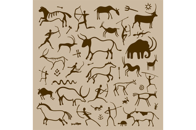 Cave art. Hand drawn primitive ancient symbols of prehistoric hunters