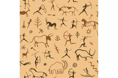 Cave painting pattern. Seamless print of primitive ancient drawing of