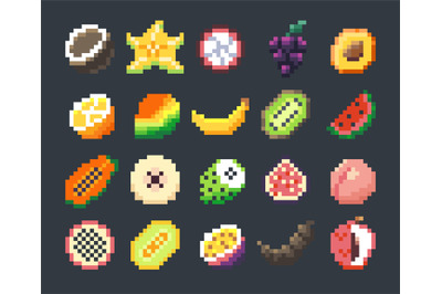 Pixel exotic fruits. Cartoon stylized fruit icons for 2D game, 8-bit s