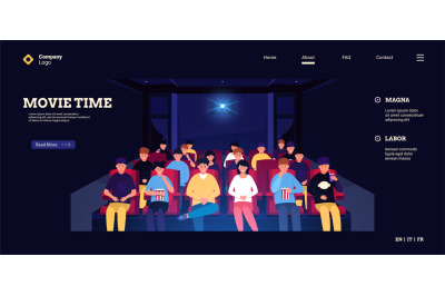 People in cinema landing. Web page template of cartoon graphic with pe