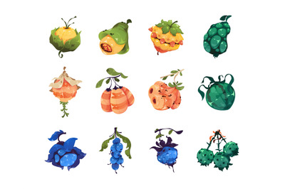 Fantasy fruits asset. Cartoon 2D sprite of colorful magic berries for