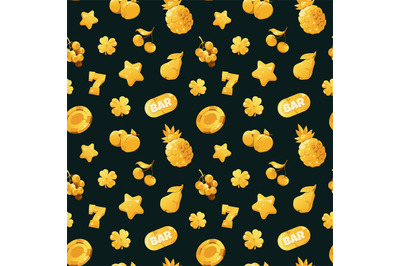 Gold icons slot pattern. Seamless print of gambling symbols for slot m