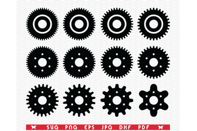 SVG Machine Gear Wheels Icons, Black Silhouettes