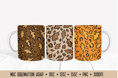 Autumn Oak Leaves Mug Wrap Sublimation. Fall Leopard Mug