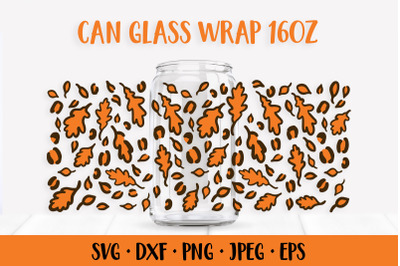 Fall Leopard Can Glass Wrap SVG. Oak Leaves Glass Can