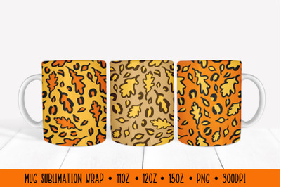 Fall Leaves Mug Wrap Sublimation. Autumn Leopard Print Mug