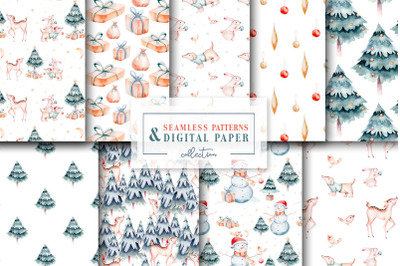 Watercolor cute christmas style seamless patterns. Digital paper set