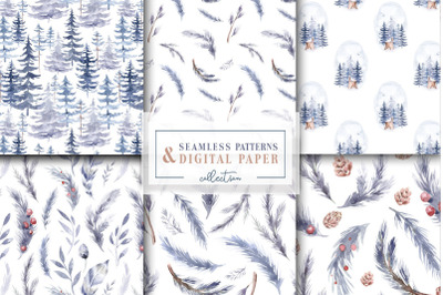 Watercolor winter pine forest seamless pattern digital paper
