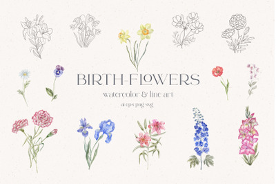 Birth-Flowers. Watercolor &amp; Line Art