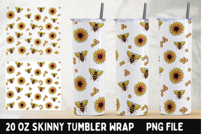 Sunflower and bee tumbler wrap, 20 oz skinny tumbler png