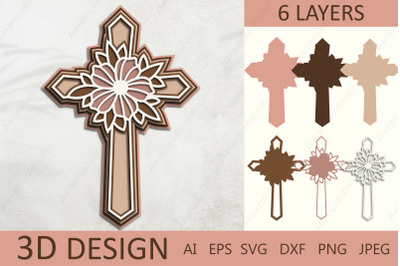 3d layered cross with flowers svg, 3d paper cutting cross