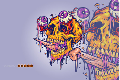 Scary skull head with zombie eyes illustrations