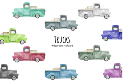 Watercolor Vintage Truck, Retro Pickup Trucks Clipart
