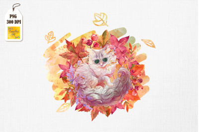 Cat On Leaf Fall Hello Autumn