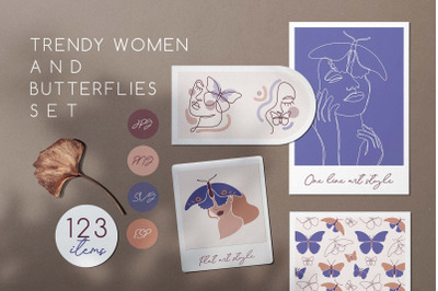Trendy women and butterflies set