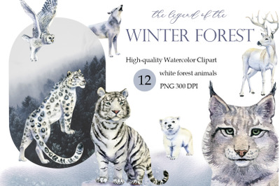 Watercolor woodland animals clipart, White Forest animals- Tigers, bea