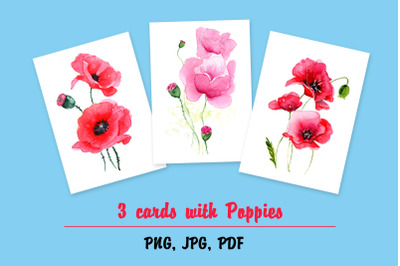 3 cards with watercolor poppies flowers design in PNG, JPG and PDF
