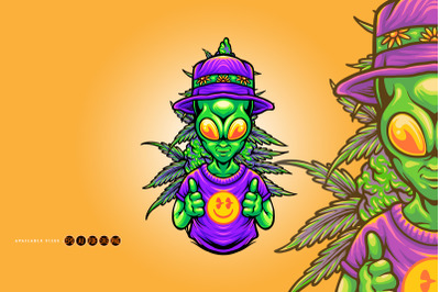 Funky alien smile emoticons with weed leaf illustrations