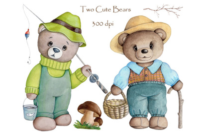 Two Cute Summer Bears. Watercolor illustrations.