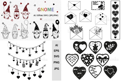 Romantic svg bundle with gnome, heart patterns, garlands