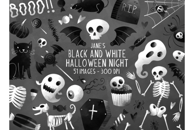 Watercolor Black and White Halloween Clipart
