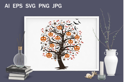 Tree with pumpkins for Halloween svg, clipart for printing