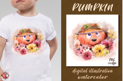 Pumpkin in flowers. Digital illustration