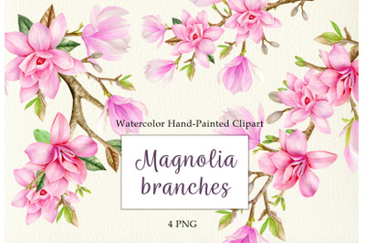 Watercolor pink magnolia branches floral clipart set. Spring flowers