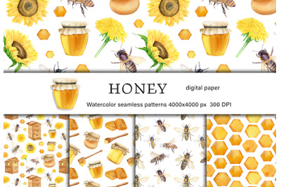 Watercolor Honey and Bees digital paper pack. Beekeeping Honey product