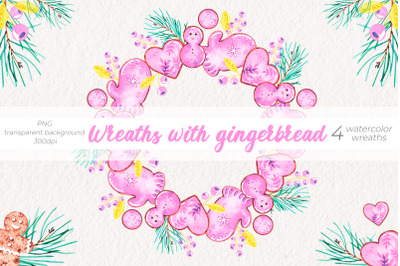 Wreaths with gingerbread, Watercolor Frames PNG