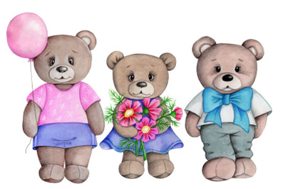 Three Cute Teddy Bears. Hand drawn.