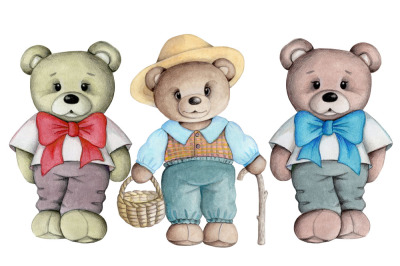 Set of tree teddy bears. Watercolor.