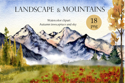 Mountain landscape watercolor clipart. Forest digital clip art. Autumn