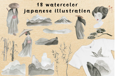 Watercolor Japanese clipart.Mountain,face illustrations