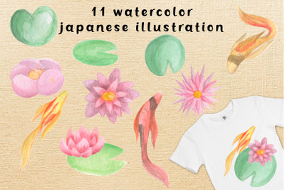 Watercolor Japanese clipart.Koi carp,water lily illustration