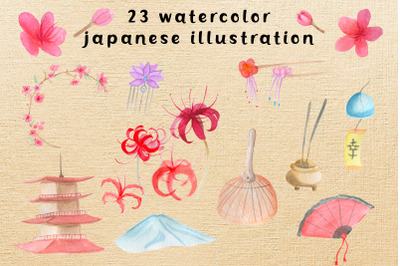 Watercolor Japanese clipart.Flower and jewelry illustration