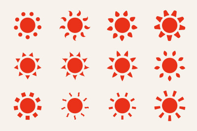 Set of red sun icons, symbols